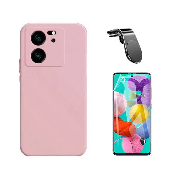 Kit Película Protectora de Hydrogel Frente + Capa Proteção Traseira Silicone + Suporte de Carro Magnético L GIFT4ME para Xiaomi 13T - Rosa