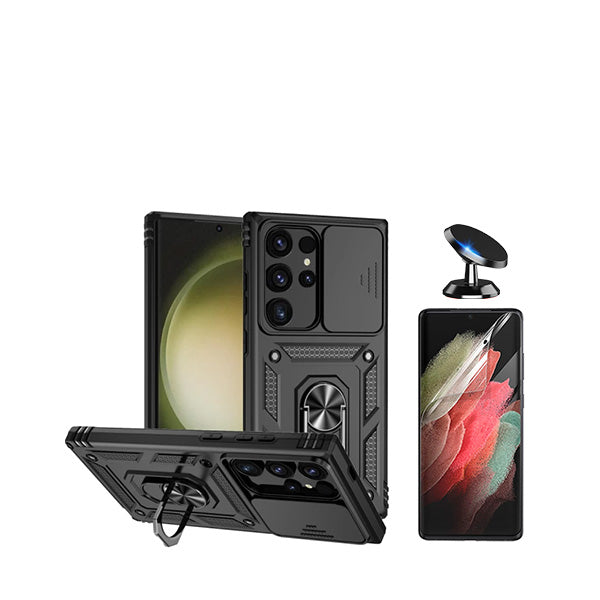 Kit Película Protectora de Hydrogel Frente + Capa de Proteção Militar Magnética Janela Deslizante + Suporte Magnético GIFT4ME para Samsung Galaxy S24 Ultra 5G - Preto