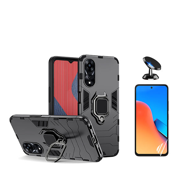 Kit Película Protectora de Hydrogel Frente + Capa de Proteção Militar Magnética + Suporte Magnético Phonecare para Oppo A58 4G - Preto
