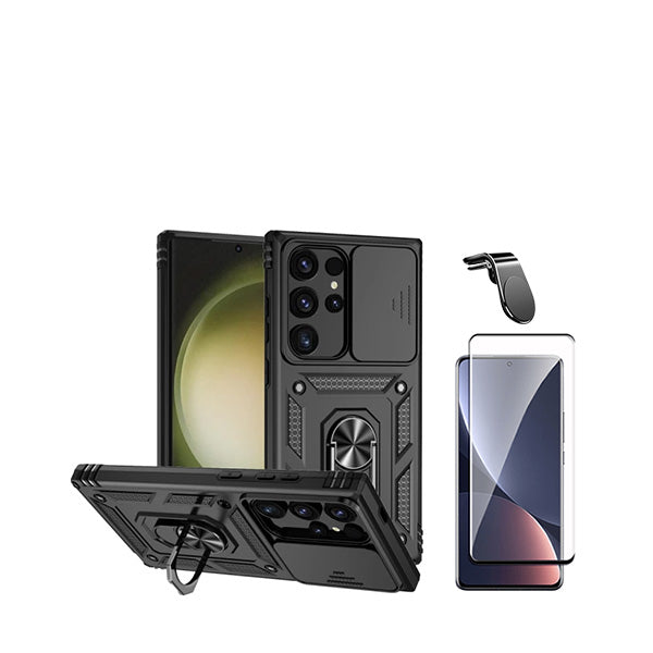 Kit Película de Vidro Temperado GorilasGlass Curvado + Capa de Proteção Militar Magnética Janela Deslizante + Suporte de Carro Magnético L GIFT4ME para Samsung Galaxy S24 Ultra 5G - Preto