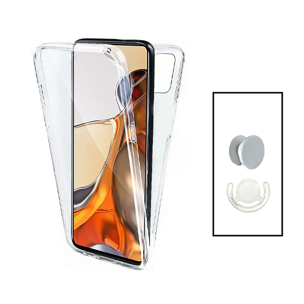 Kit Capa 360° Proteção Frente e Verso + 1 HandHolder + 1 Suporte HandHolder Branco para Xiaomi Redmi Note 12S - Transparente/Branco