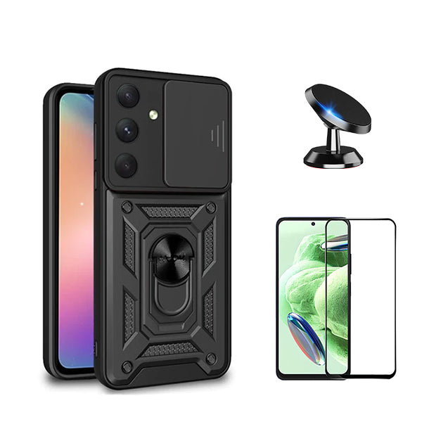 Kit Película de Vidro Temperado GorilasGlass + Capa de Proteção Militar Magnética Janela Deslizante + Suporte Magnético GIFT4ME para Samsung Galaxy S23 FE - Preto