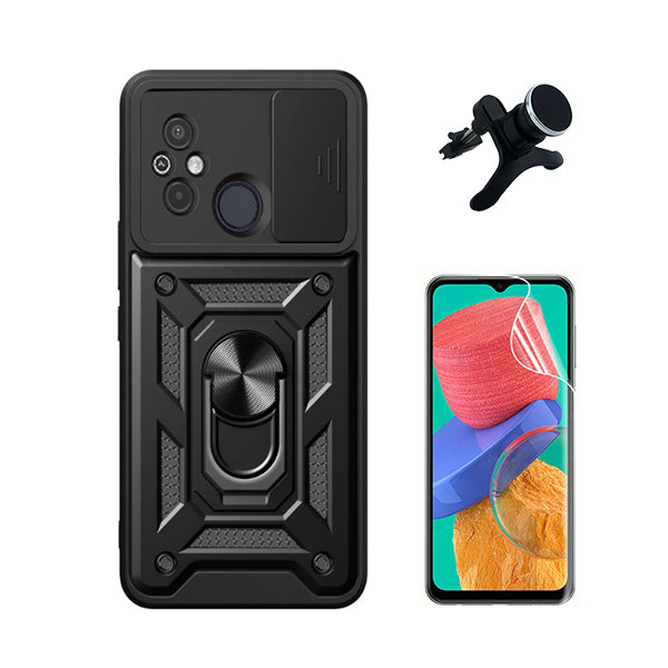 Kit Película Protectora de Hydrogel Frente + Capa de Proteção Militar Magnética Janela Deslizante + Suporte Magnético Com Pernas Phonecare para Xiaomi Redmi 11A - Preto