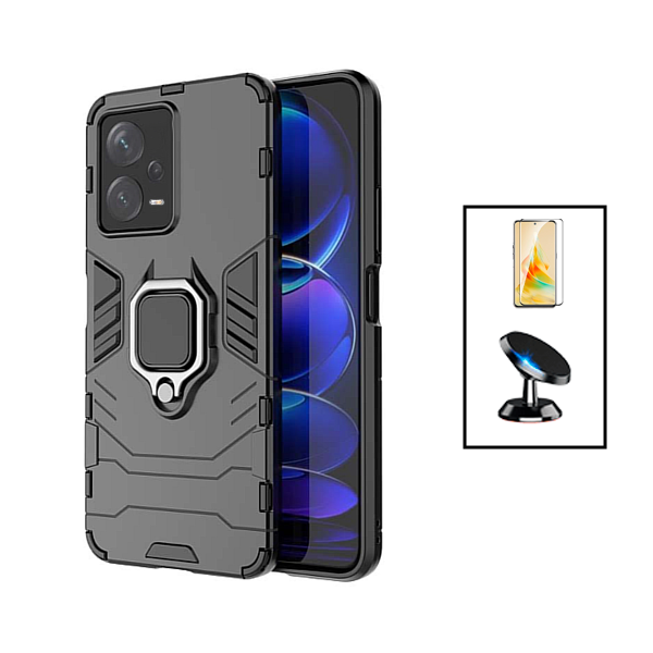 Kit Película de Vidro Temperado GorilasGlass + Capa de Proteção Militar Magnética + Suporte Magnético para Xiaomi Redmi Note 12 Pro Plus - Preto