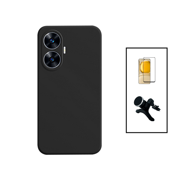 Kit Película de Vidro Temperado GorilasGlass + Capa Proteção Traseira Silicone + Suporte Magnético Com Pernas para Realme C55 - Preto
