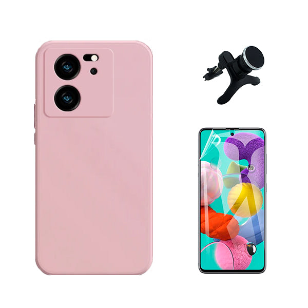 Kit Película Protectora de Hydrogel Frente + Capa Proteção Traseira Silicone + Suporte Magnético Com Pernas GIFT4ME para Xiaomi 13T - Rosa