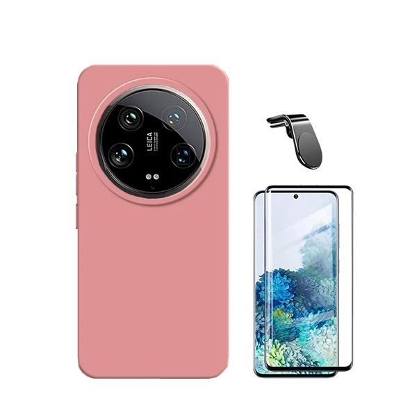 Kit Película de Vidro Temperado GOrilasGlass Curvado + Capa Proteção Traseira Silicone + Suporte de Carro Magnético L GIFT4ME para Xiaomi 14 Ultra - Rosa
